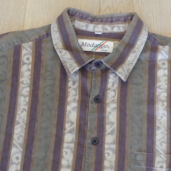 Modango Vintage Vertical Striped Green/Purple/Brown XLarge Button Down Shirt - Picture 2 of 8